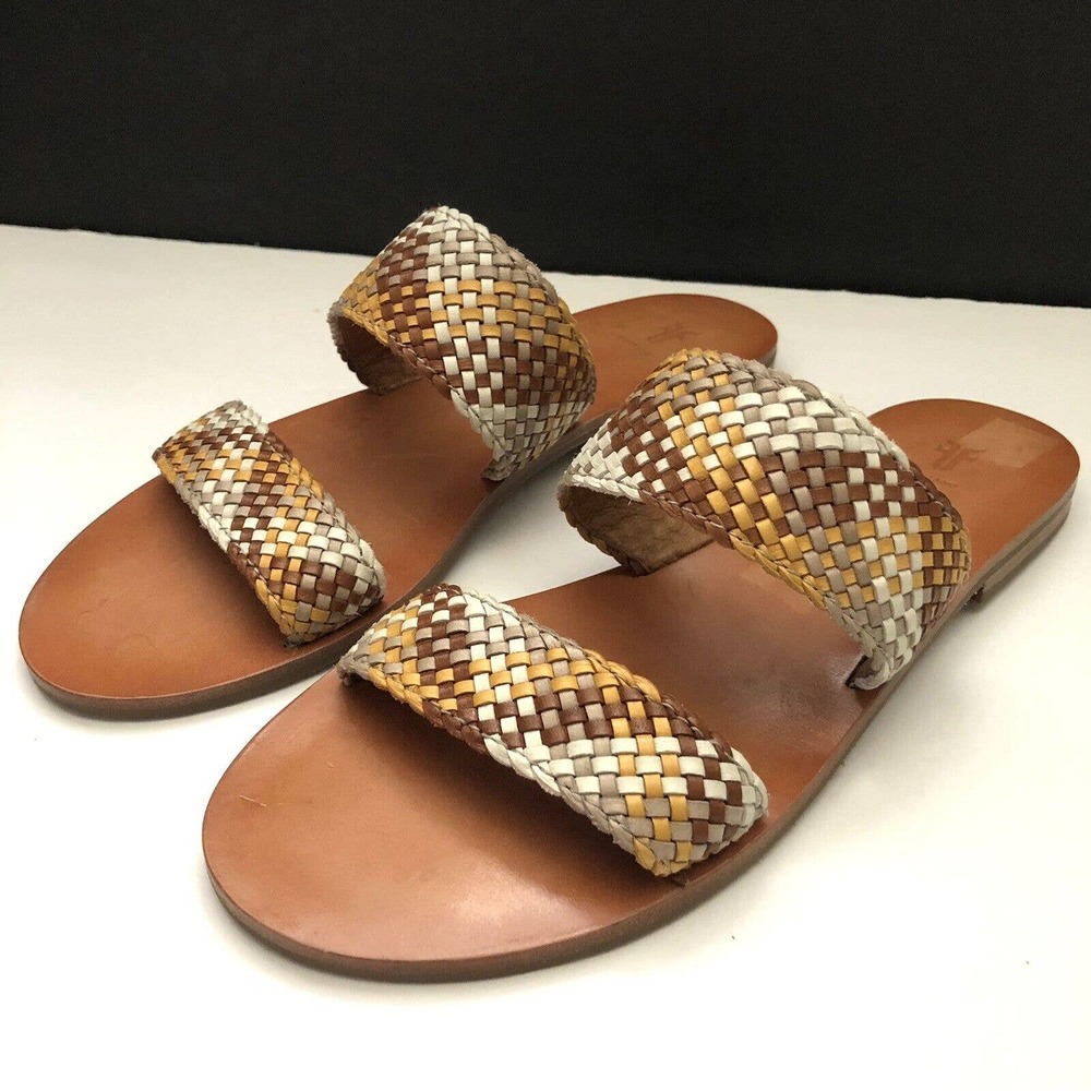 Frye Women Ruth Woven Brown White Yellow Multi Leather Slide Sandal 3473766 6.5M